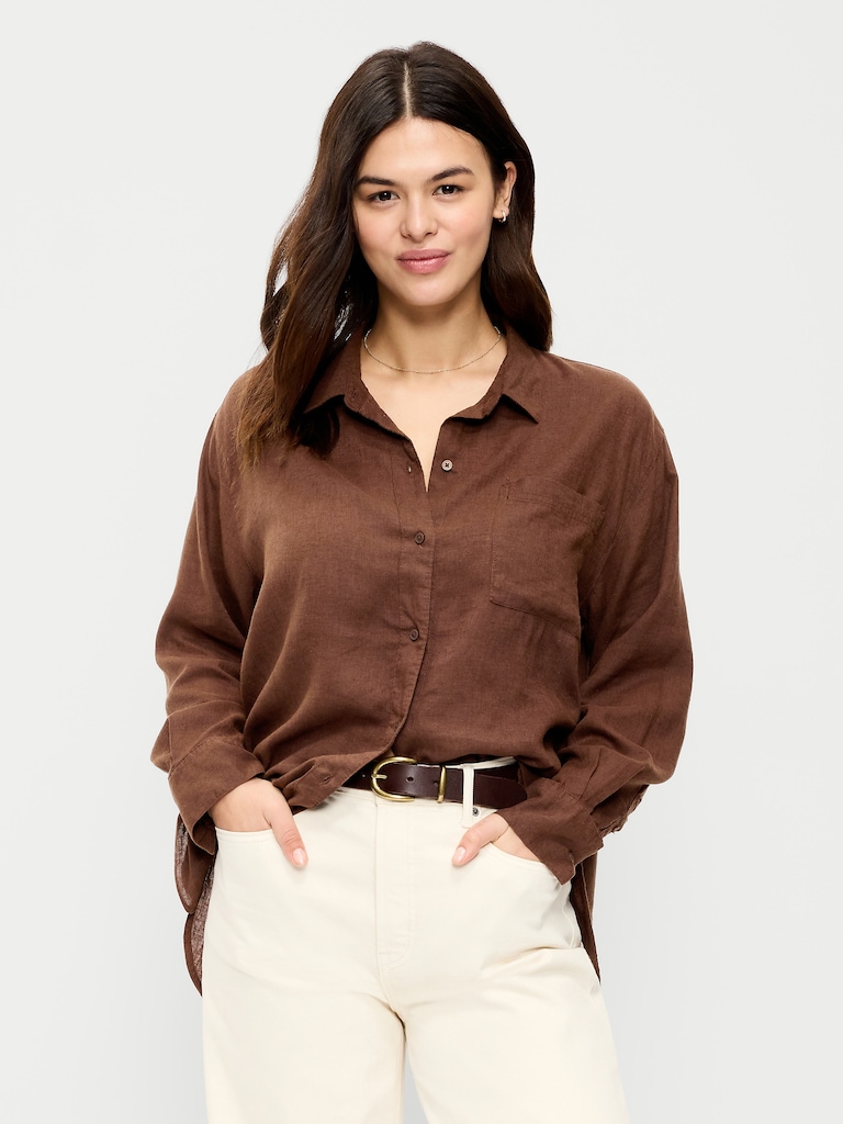 Linen-Blend Loose Button-Down Shirt