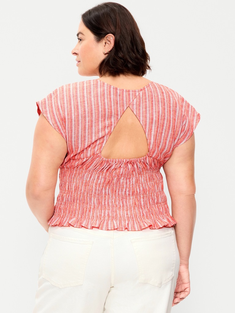 Linen-Blend Short-Sleeve Smocked Top