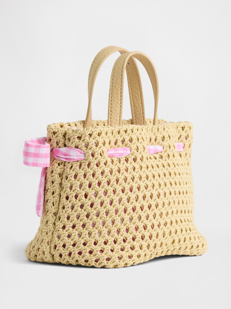 Toddler Gingham Bow Straw Bag