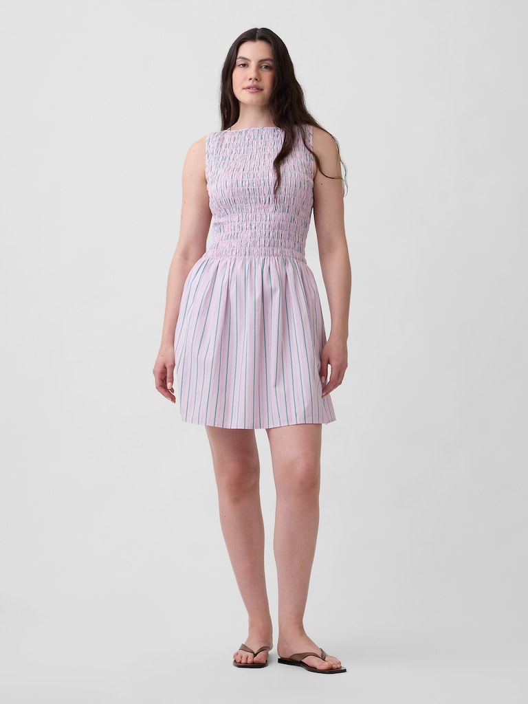 Smocked Boatneck Mini Dress