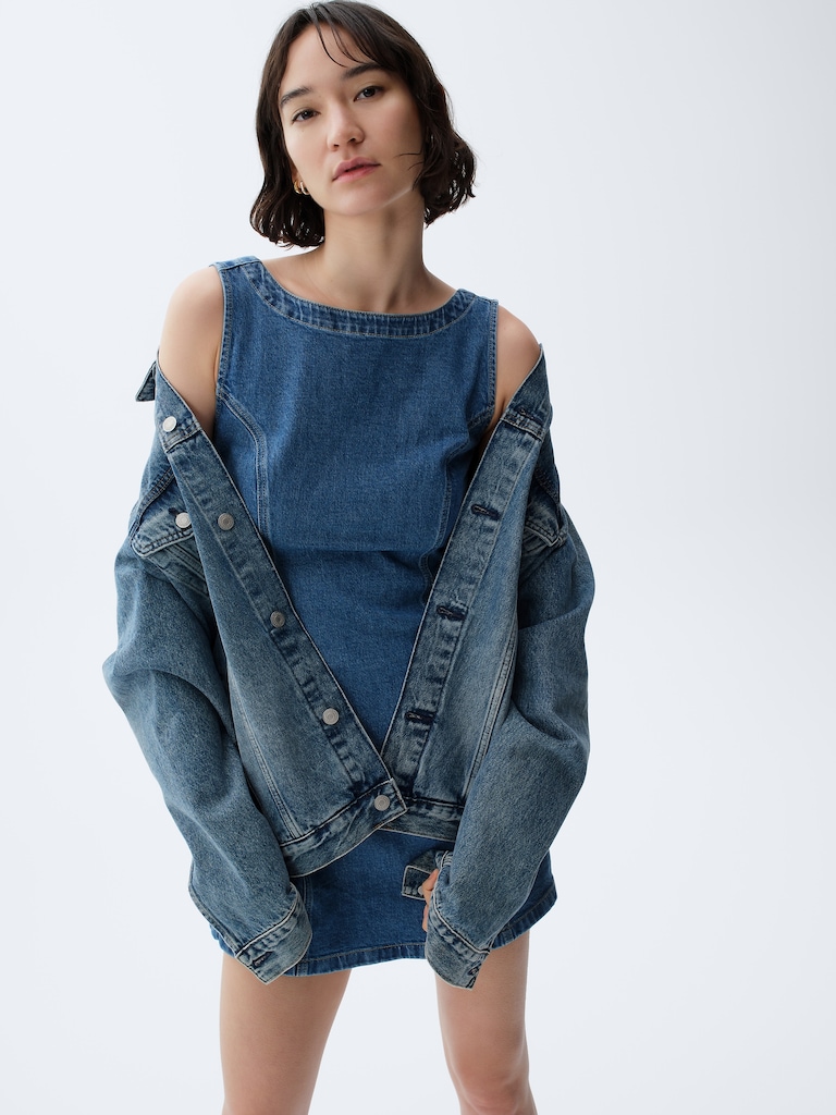 Denim Boatneck Open-Back Mini Dress
