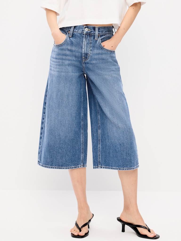 Mid-Rise Baggy Wide-Leg Culotte Jeans