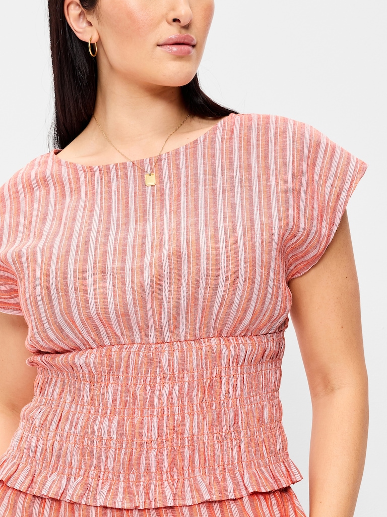 Linen-Blend Short-Sleeve Smocked Top