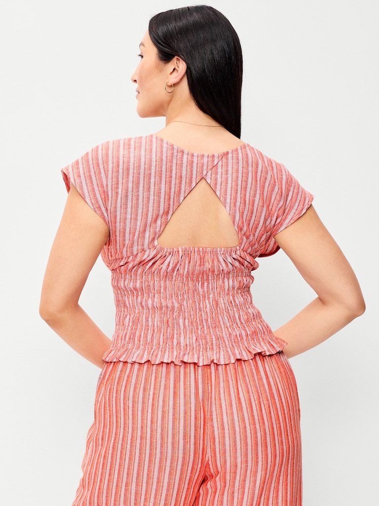 Linen-Blend Short-Sleeve Smocked Top