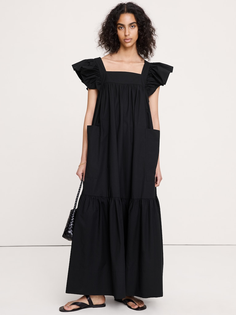 Cotton Poplin Flounce Maxi Dress
