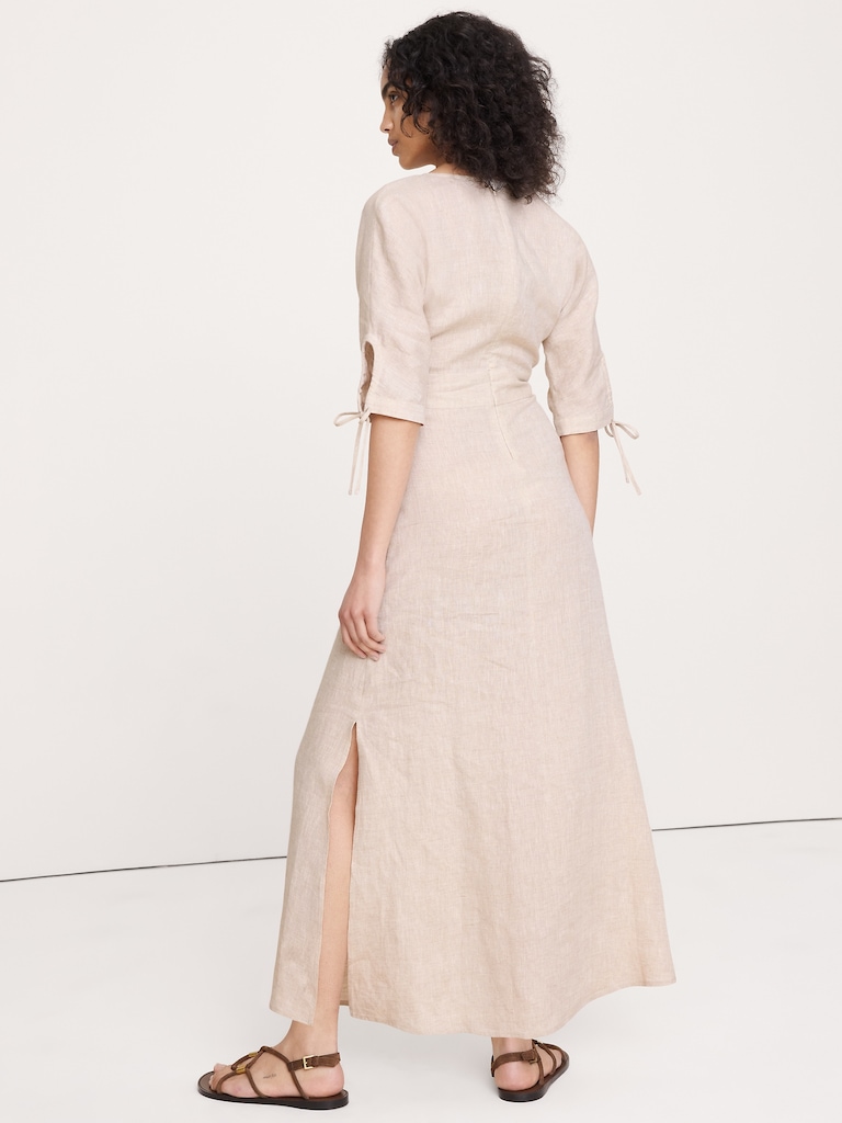 Linen Tie-Sleeve Midi Dress