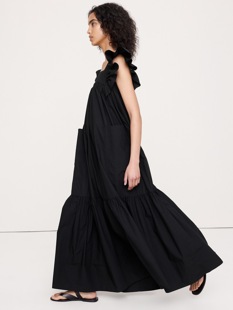 Cotton Poplin Flounce Maxi Dress