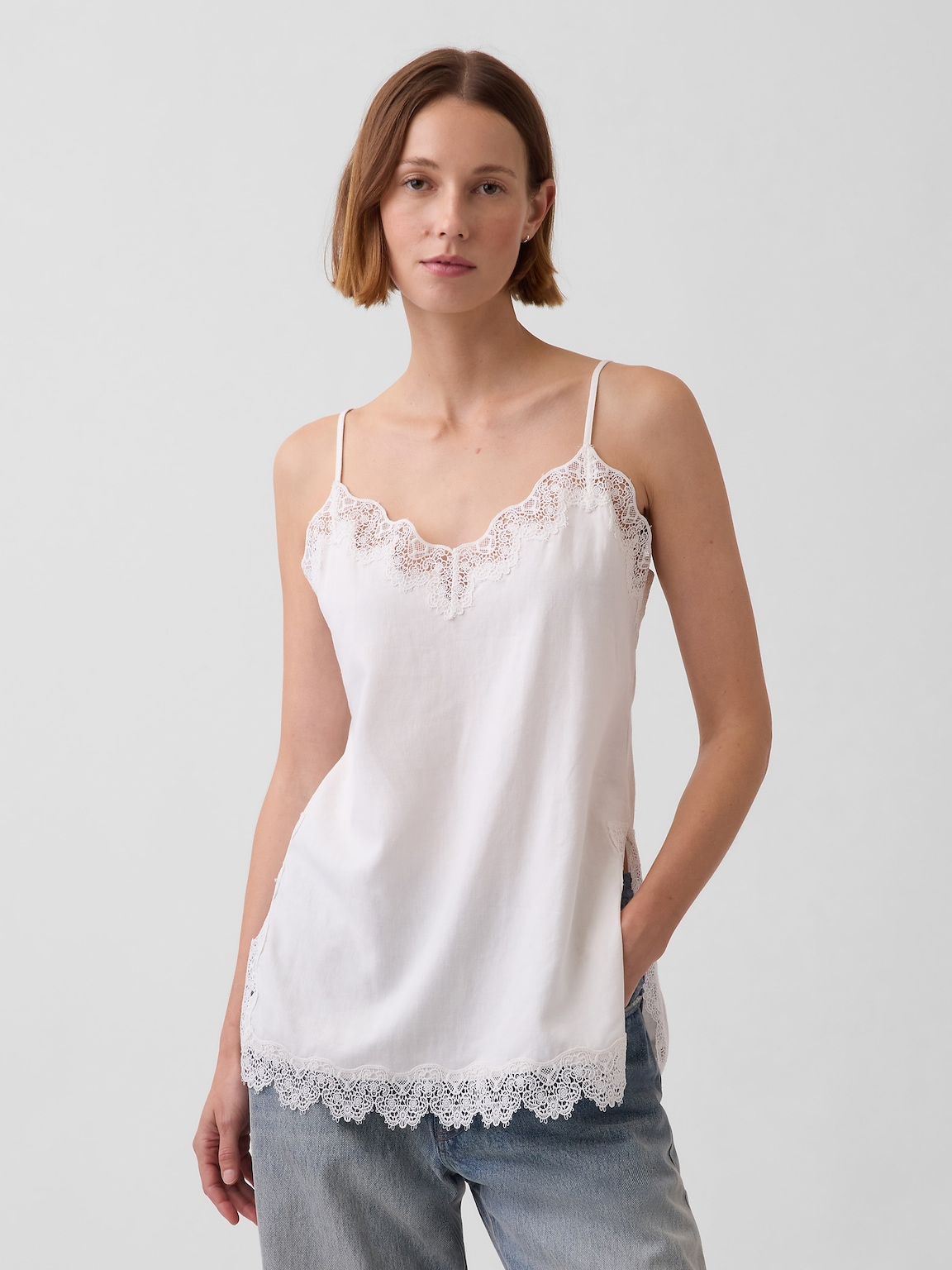Linen-Blend Lace-Trim Cami