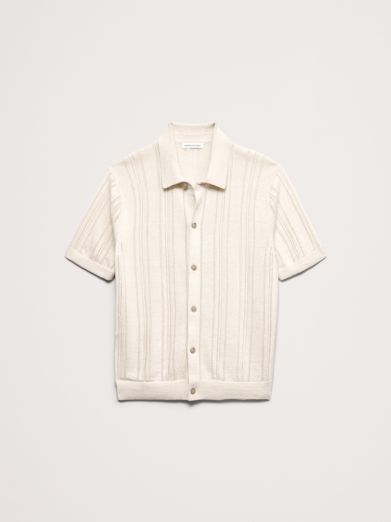 Pointelle Linen-Cotton Polo Cardigan