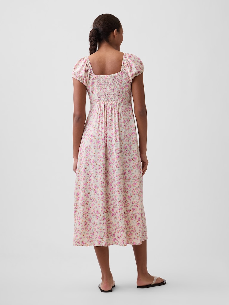 Print Puff Sleeve Midi Dress