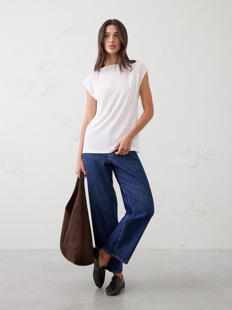 Sheer Ribbed Straight-Neck Top