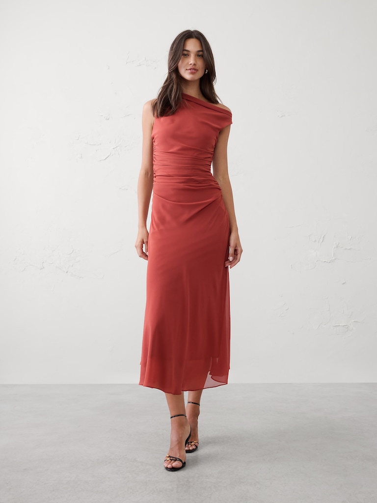 Asymmetrical Side-Ruched Midi Dress