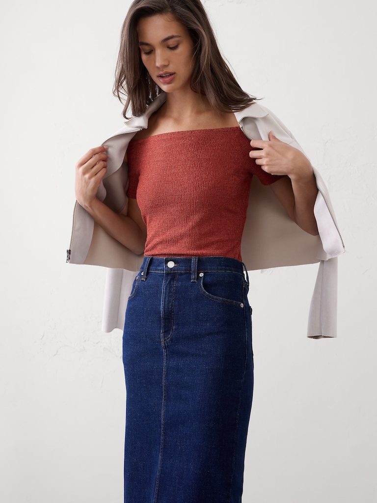 Off-Shoulder Jacquard Crinkle Top