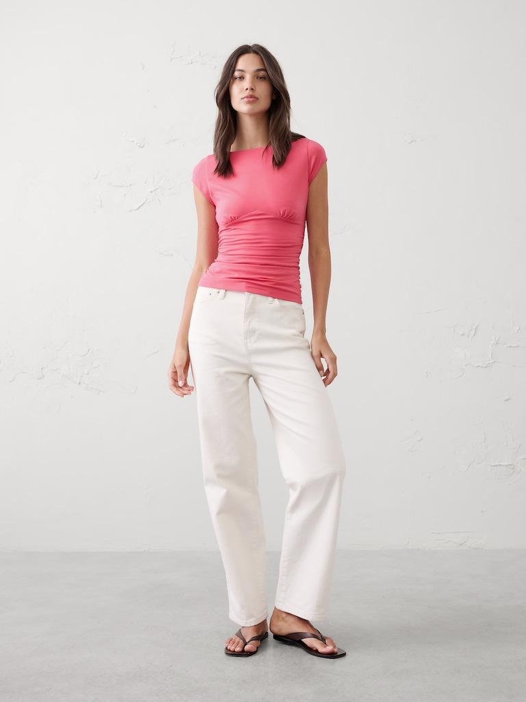 Soft Stretch Cap-Sleeve Ruched Top