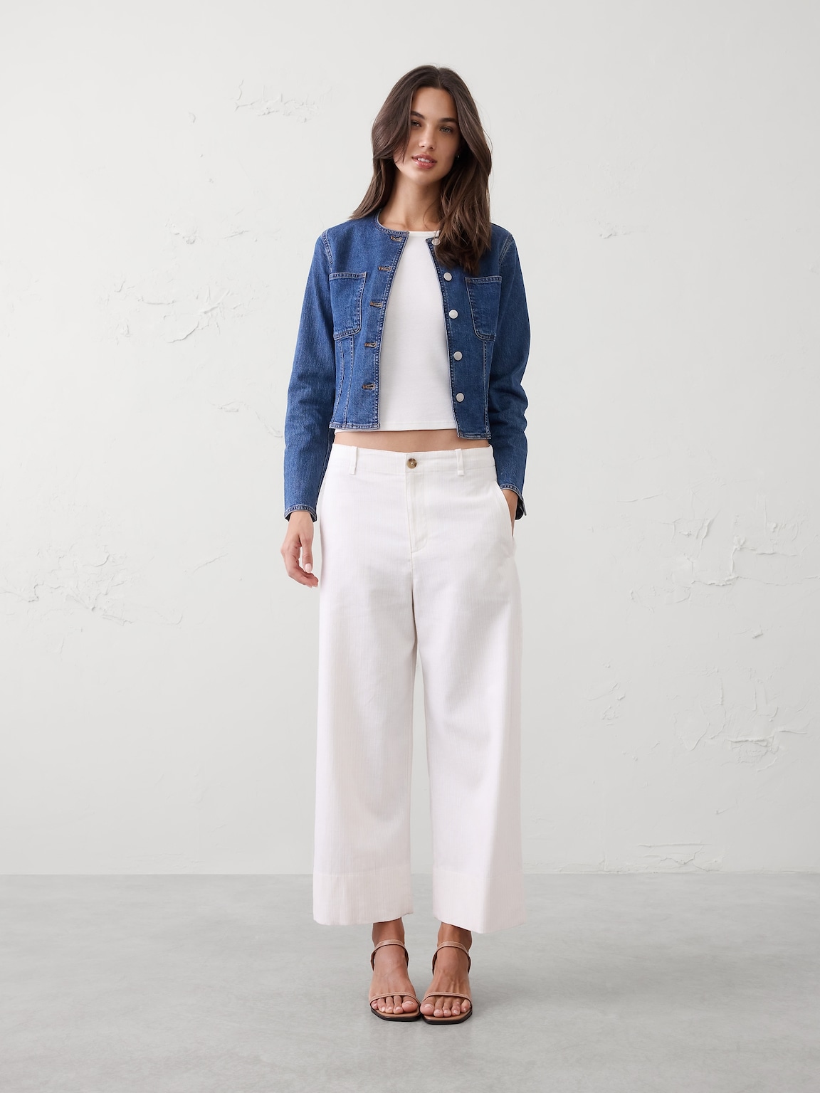 Wide-Leg High-Rise Stripe Linen-Blend Cropped Pant