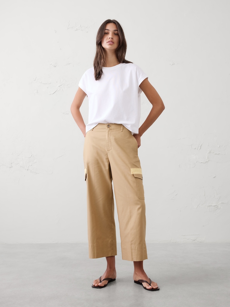 Wide-Leg High-Rise Twill Cargo Cropped Pant