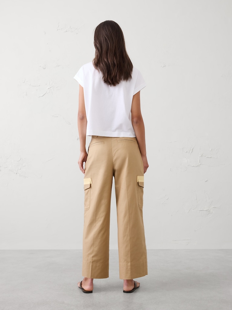 Wide-Leg High-Rise Twill Cargo Cropped Pant