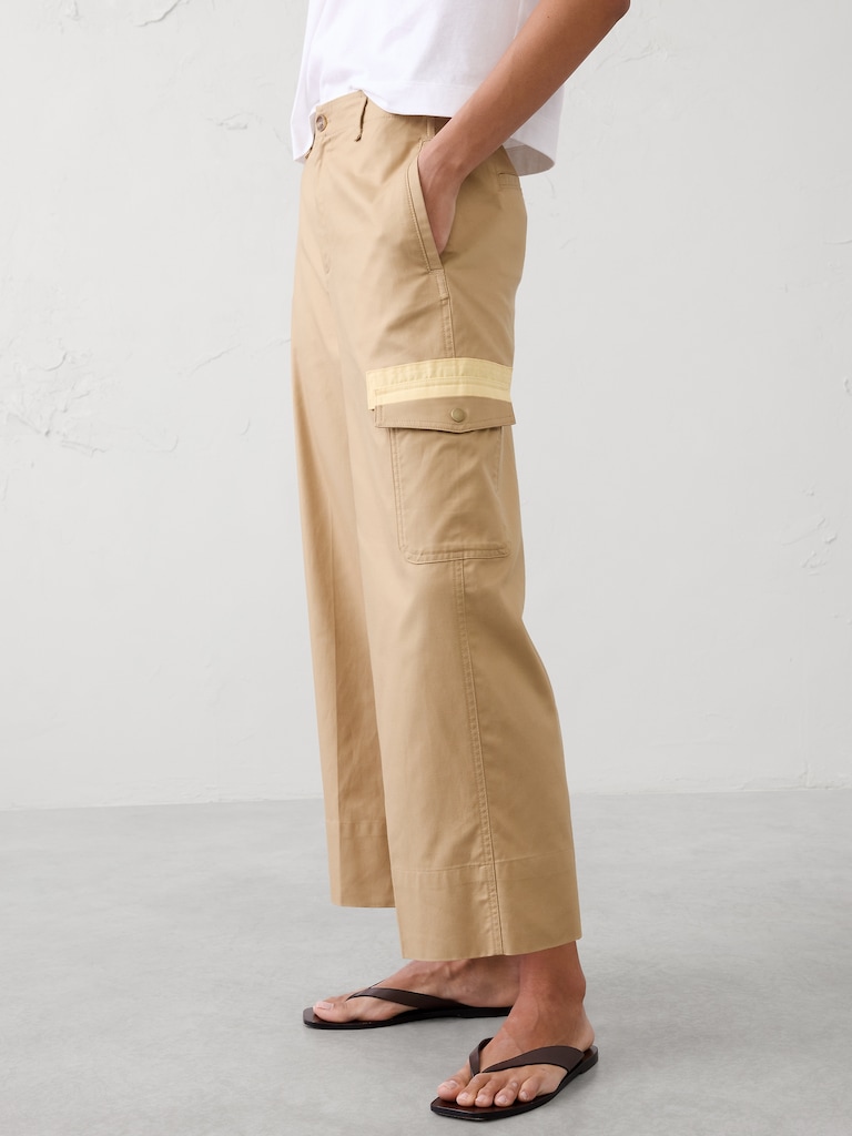 Wide-Leg High-Rise Twill Cargo Cropped Pant
