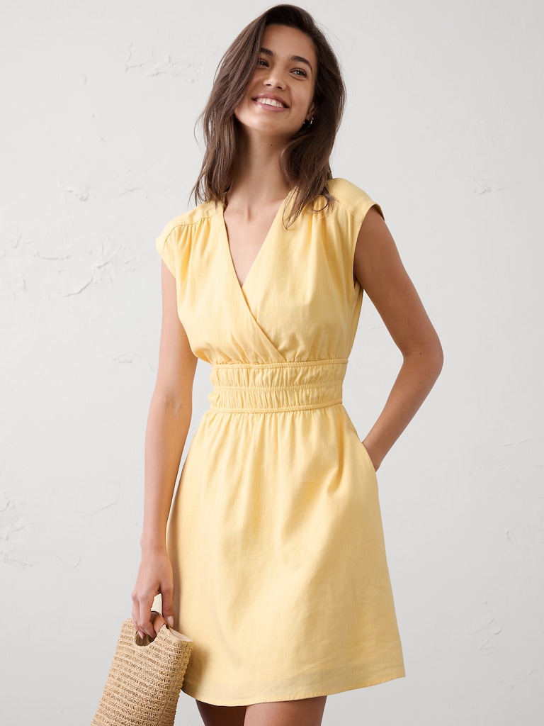 Linen-Blend Smocked-Waist Mini Dress