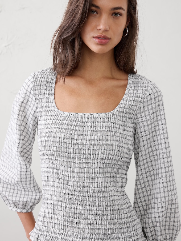 Seersucker Smocked-Bodice Top