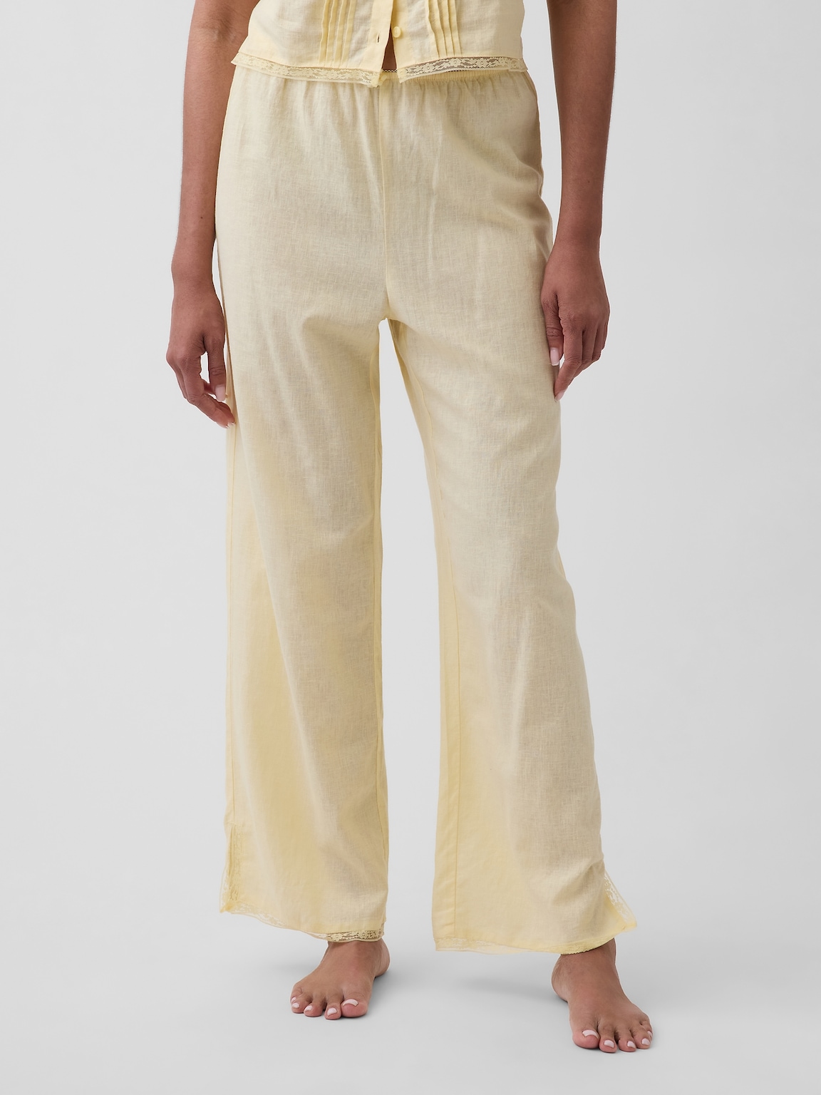 Linen-Blend Lace-Hem PJ Pants