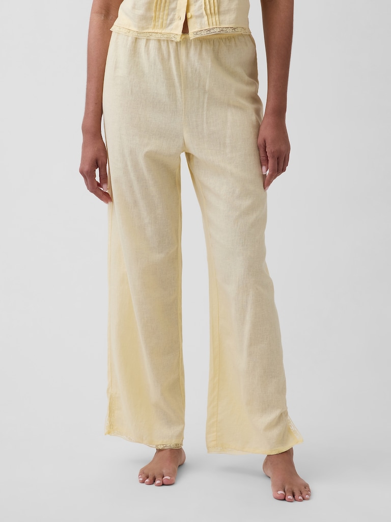 Linen-Blend Lace-Hem PJ Pants