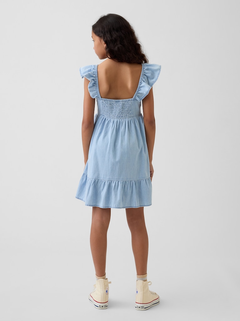 Denim Flutter-Sleeve Sweetheart Dress