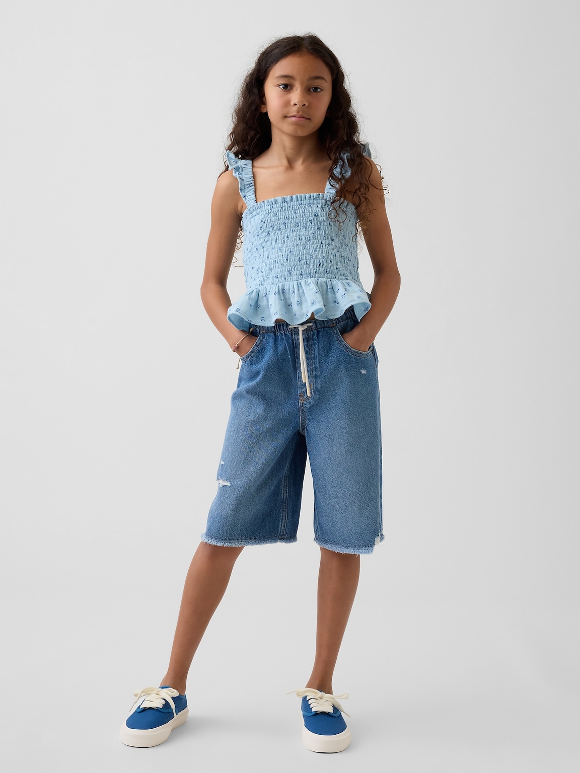 Kids Cotton Gauze Smocked Peplum Top