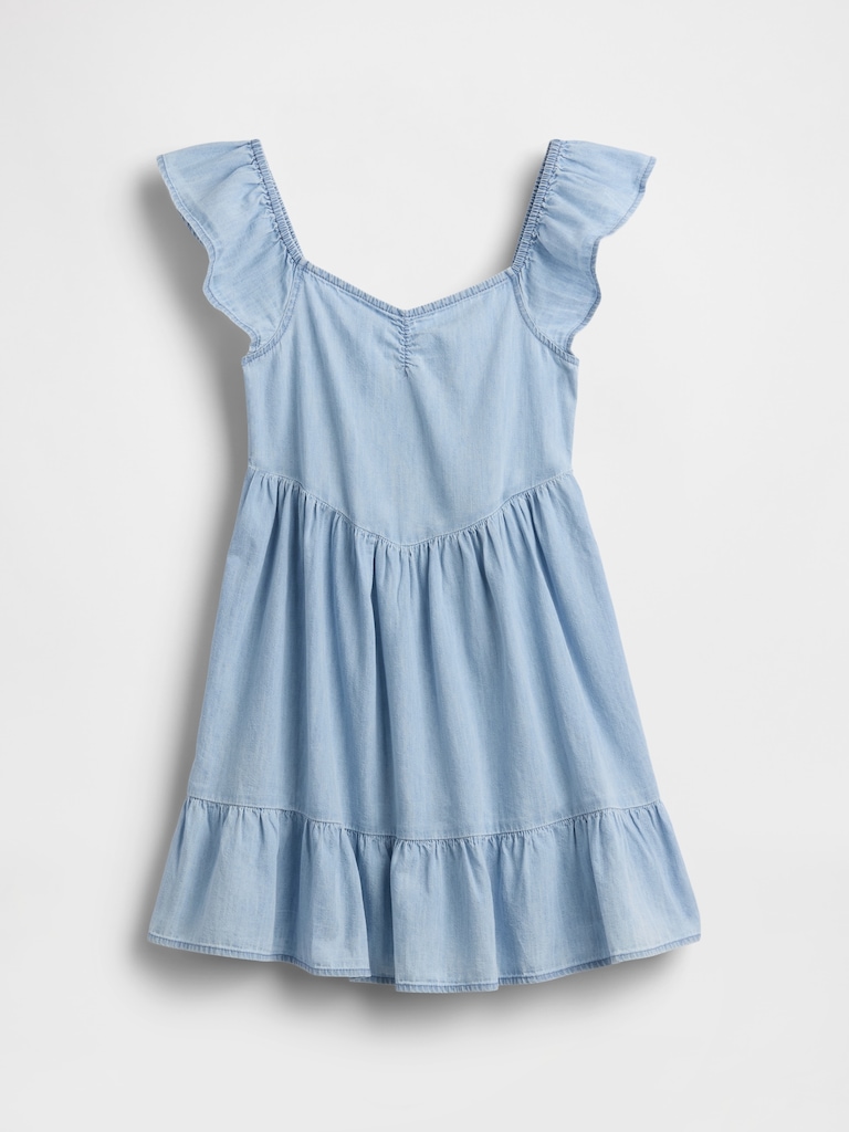 Denim Flutter-Sleeve Sweetheart Dress