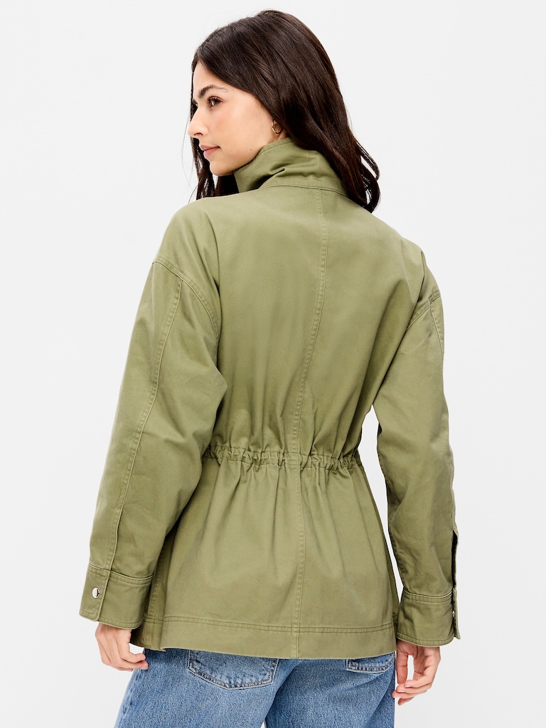 Cinched-Waist Satin Utility Jacket