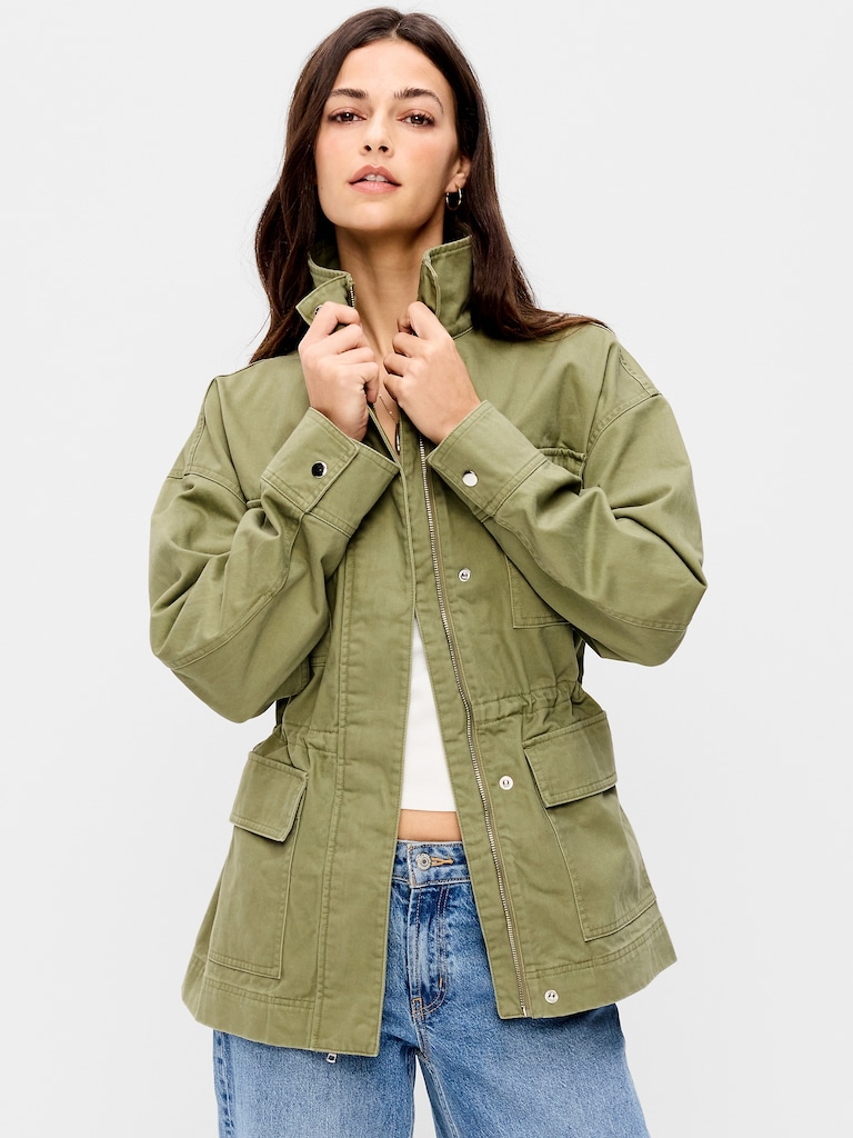 Cinched-Waist Satin Utility Jacket