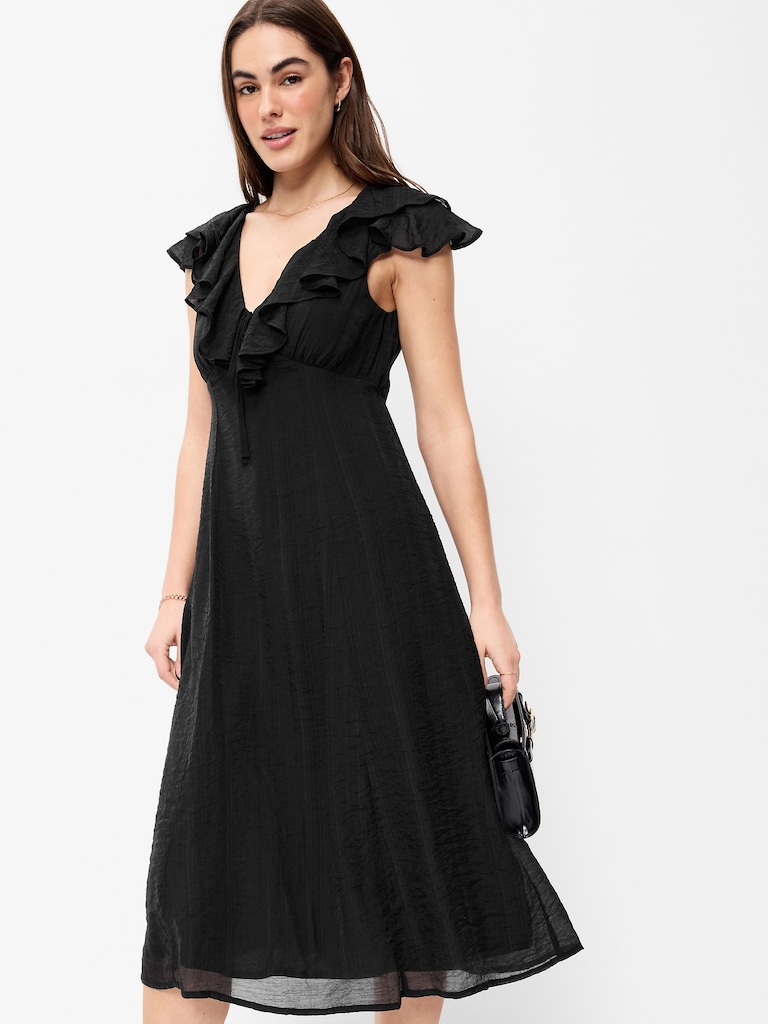 Ruffle-Sleeve Fit & Flare Midi Dress