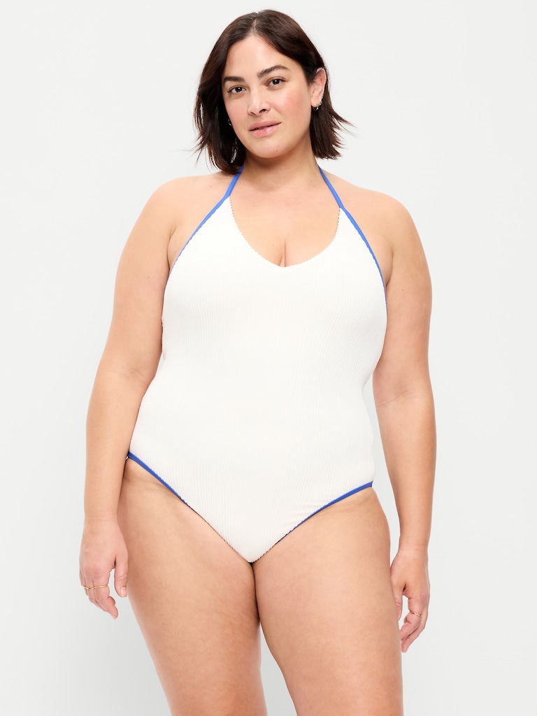 Ribbed V-Neck Halter One-Piece Swimsuit