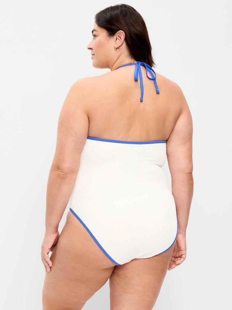 Ribbed V-Neck Halter One-Piece Swimsuit