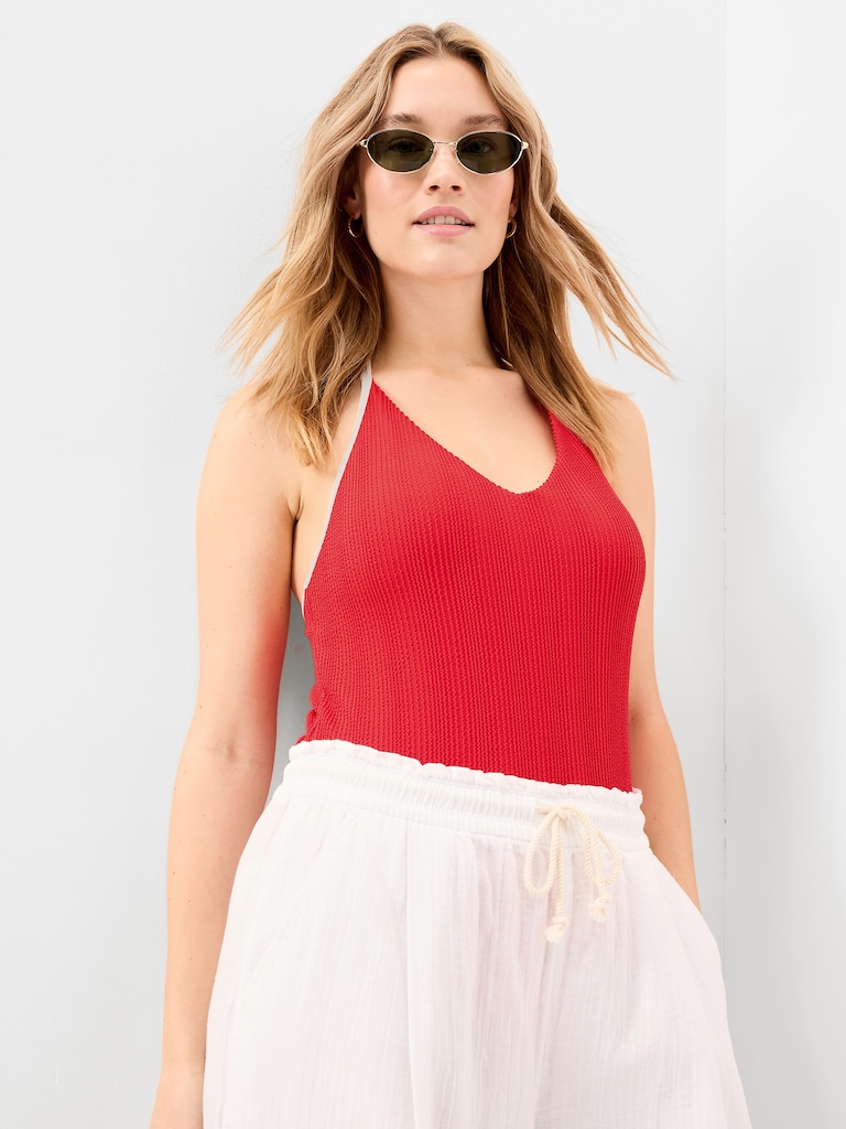 Ribbed V-Neck Halter One-Piece Swimsuit