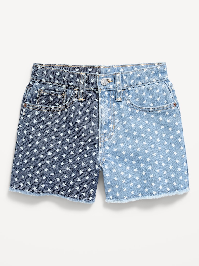 Short en denim deux tons à taille haute et à ourlet effiloché pour fille