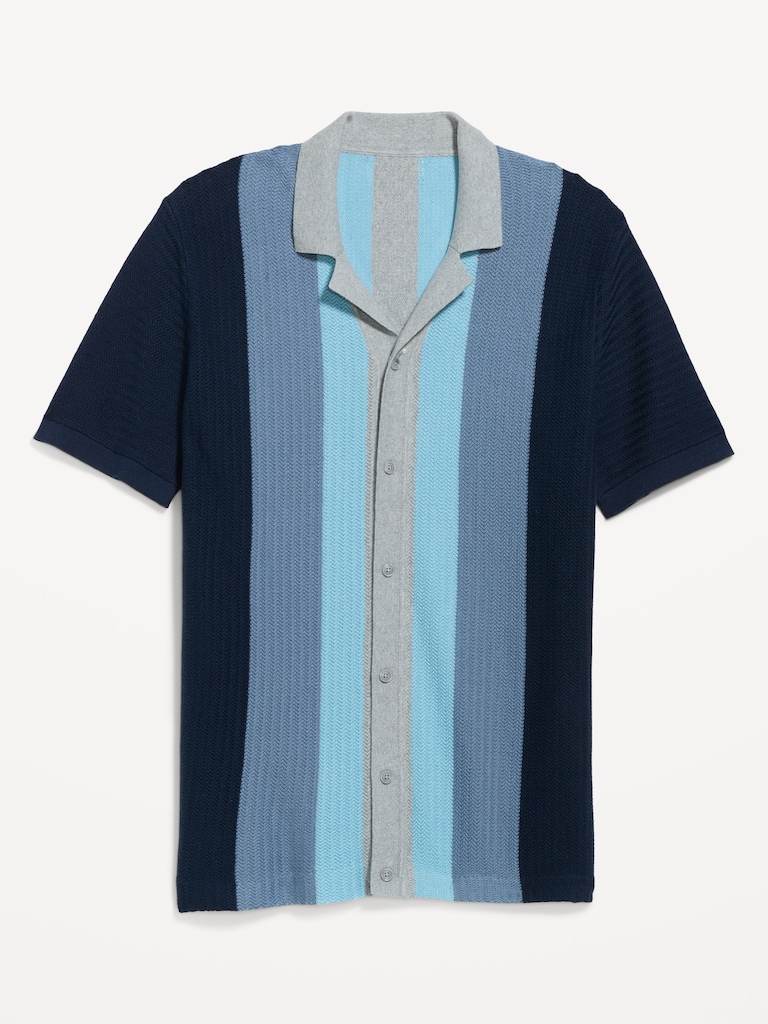 Short-Sleeve Striped Camp Sweater Shirt