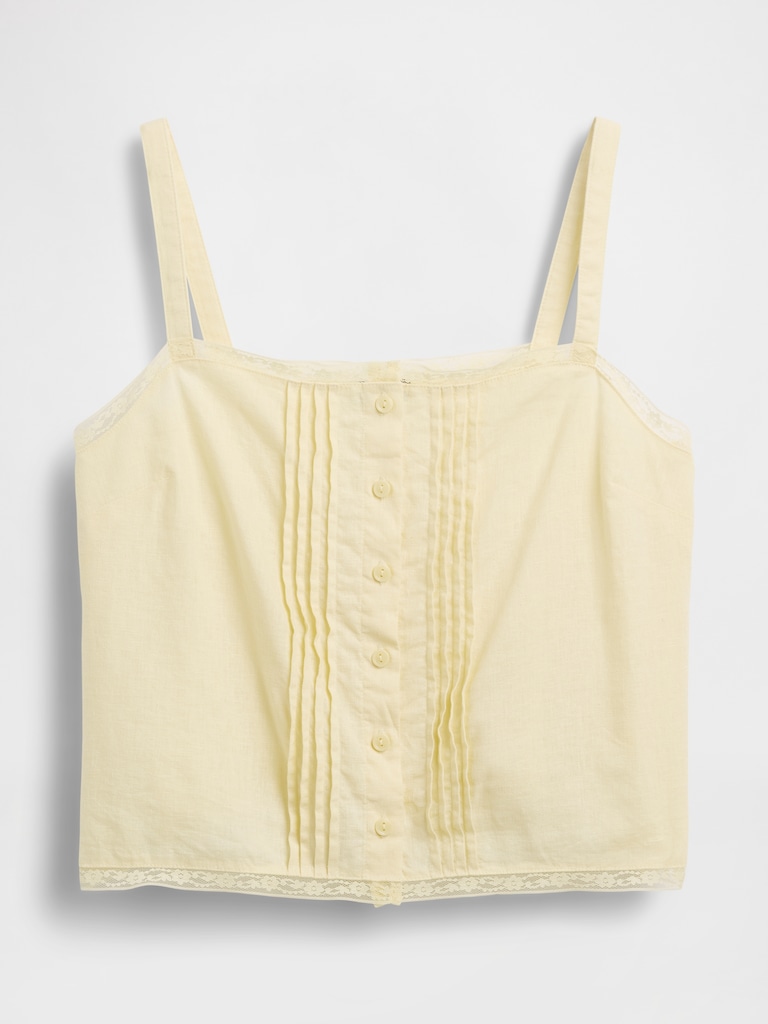 Linen-Blend Pintuck Crop PJ Tank Top