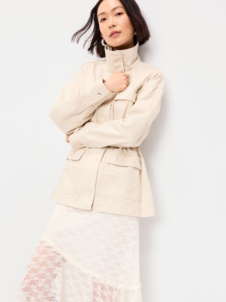 Cinched-Waist Satin Utility Jacket