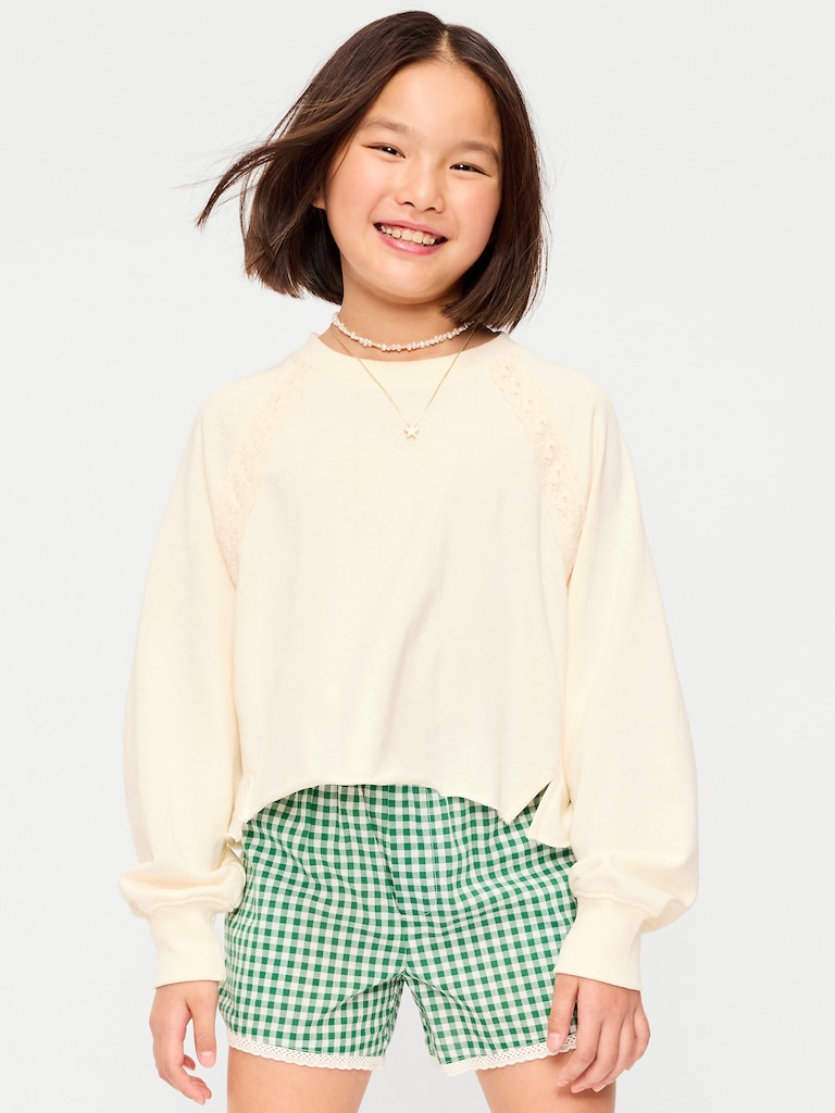 Lace-Trim French Terry Cropped Sweatshirt for Girls