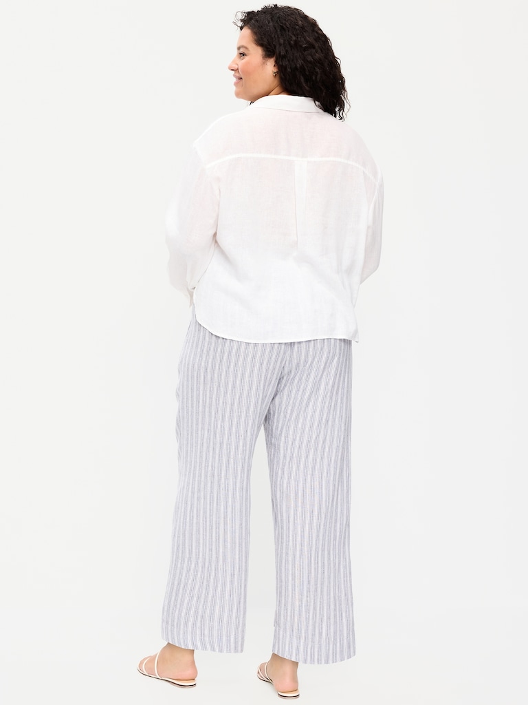 High-Waisted Linen-Blend Straight Ankle Pants