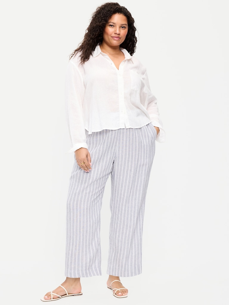 High-Waisted Linen-Blend Straight Ankle Pants