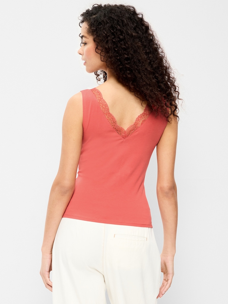 Sleeveless Lace-Trim V-Neck Ribbed Top