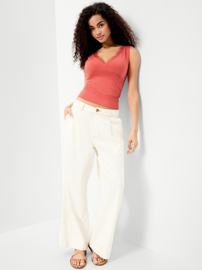 Sleeveless Lace-Trim V-Neck Ribbed Top