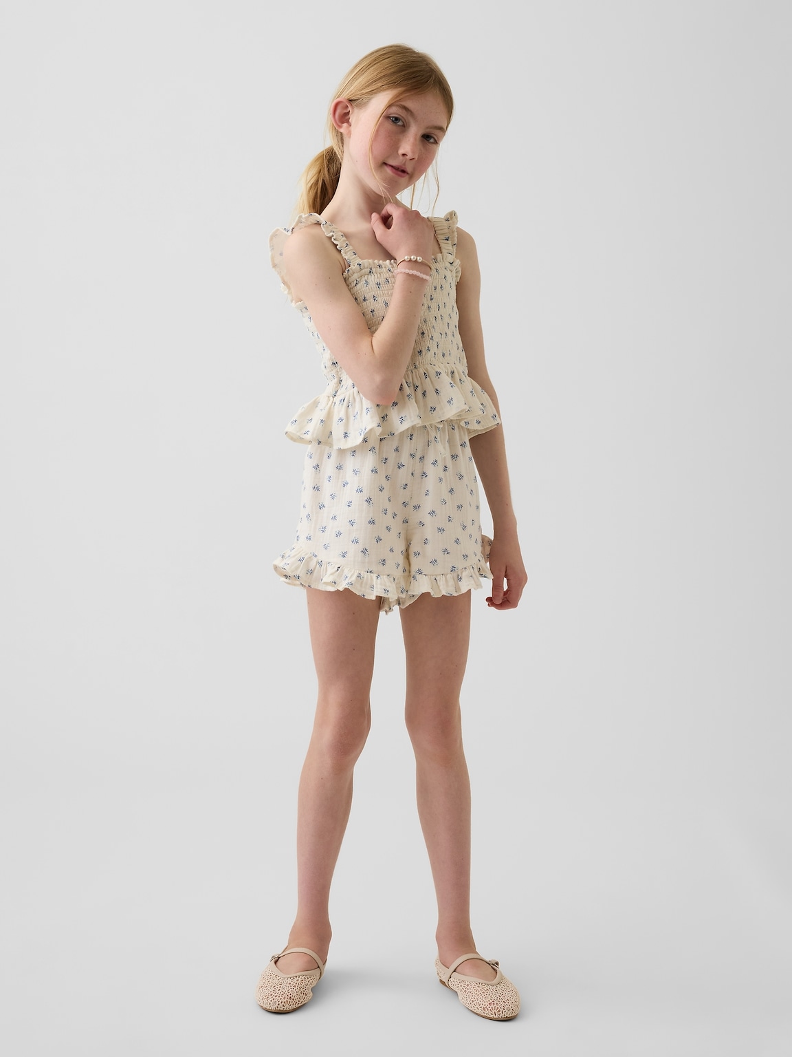 Kids Cotton Gauze Smocked Peplum Top