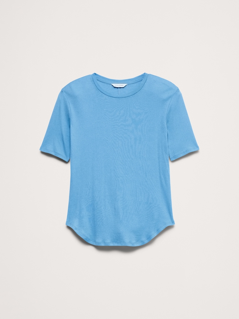 Baby Rib Cotton Elbow-Sleeve T-Shirt