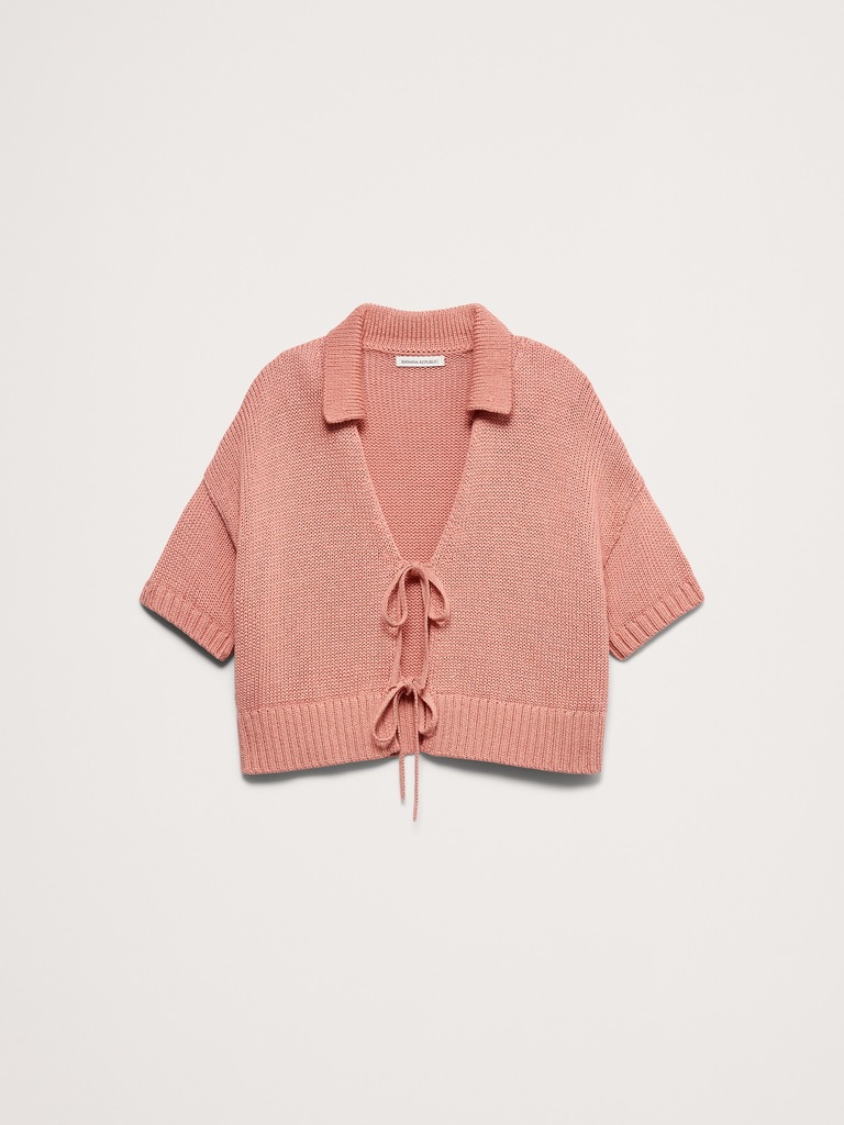 Cotton Tie-Front Polo Cardigan
