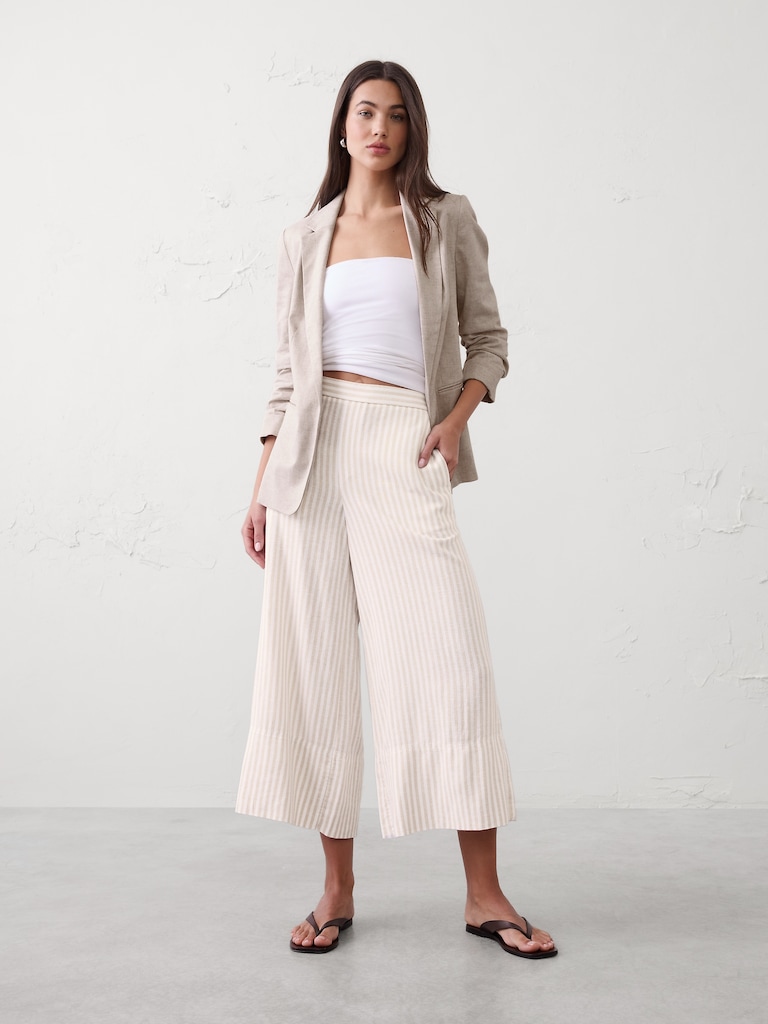 Wide-Leg High-Rise Linen-Blend Cropped Pull-On Pant