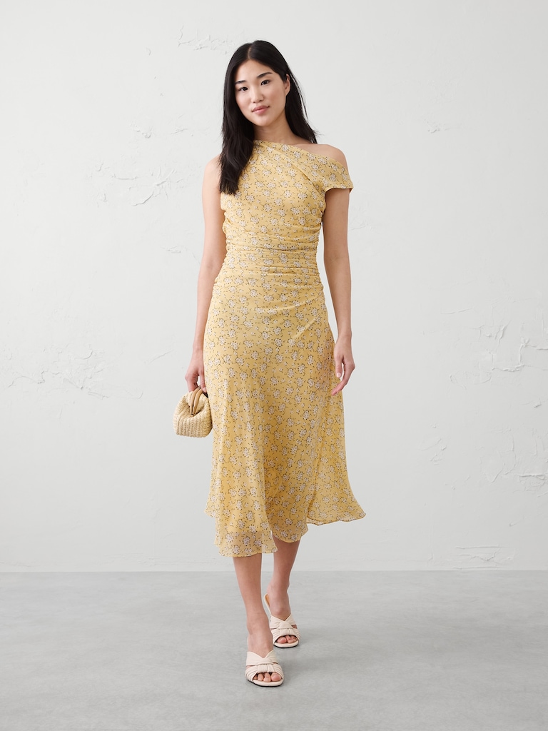 Asymmetrical Side-Ruched Midi Dress