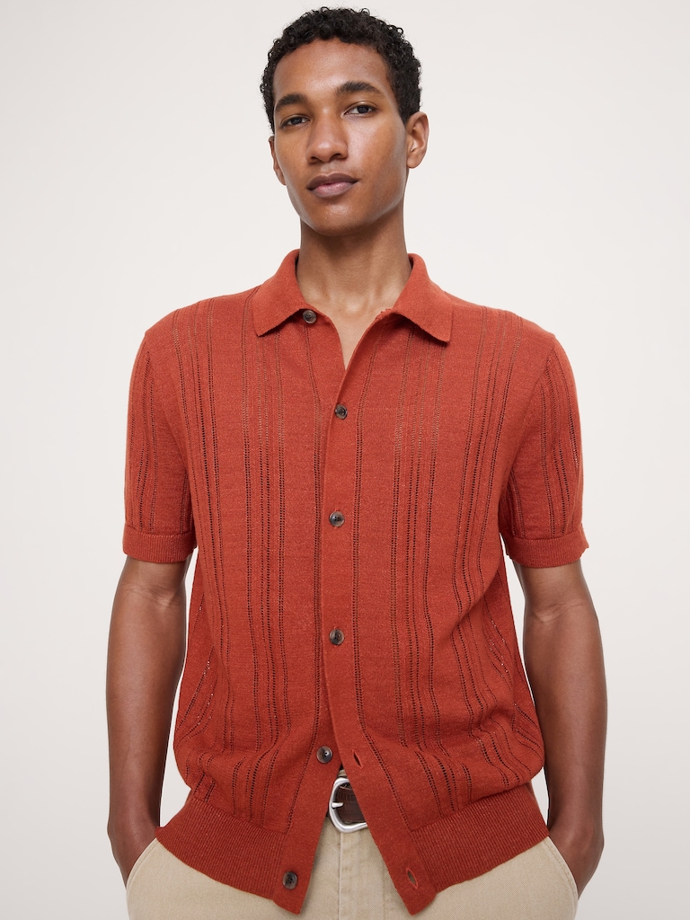 Pointelle Linen-Cotton Polo Cardigan